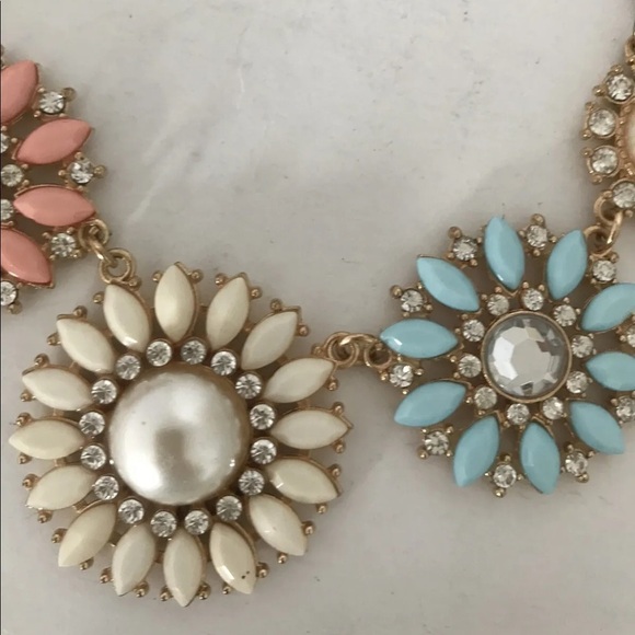 Pink, Blue & White Faux Diamond & Pearl Floral Statement Necklace - Picture 2 of 10